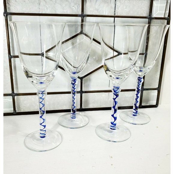 Pier 1 Dining Pier Encased Blue Spiral Stem Wine Glasses Set Of 4